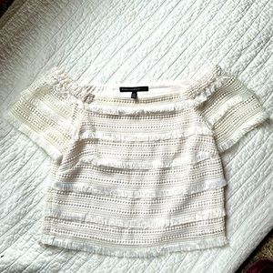 White House Black Market short sleeve off the shoulder white fringe top 2